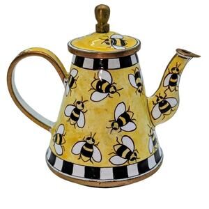 Vtg Miniature 3.5" Enameled Hand Painted Bumble Bee Brass Collectible Teapot